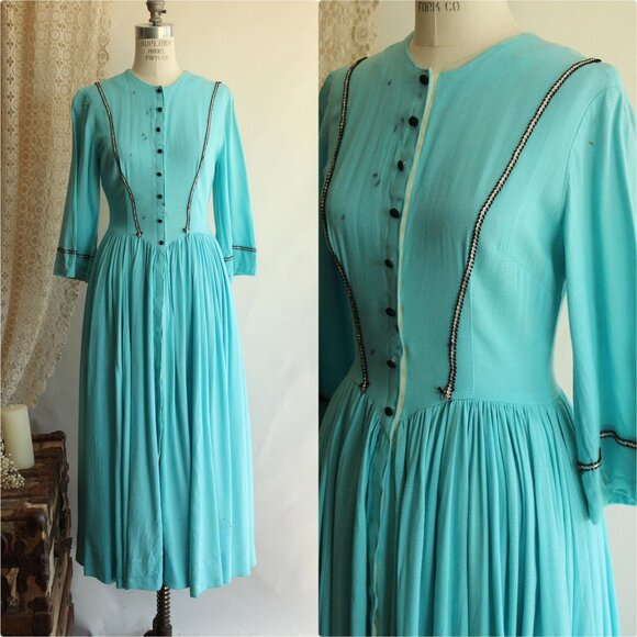 vintage Dresses & Skirts - Vintage 1950s 1960s Victorian Day Dress Costume, Robins Egg Blue Antique Style